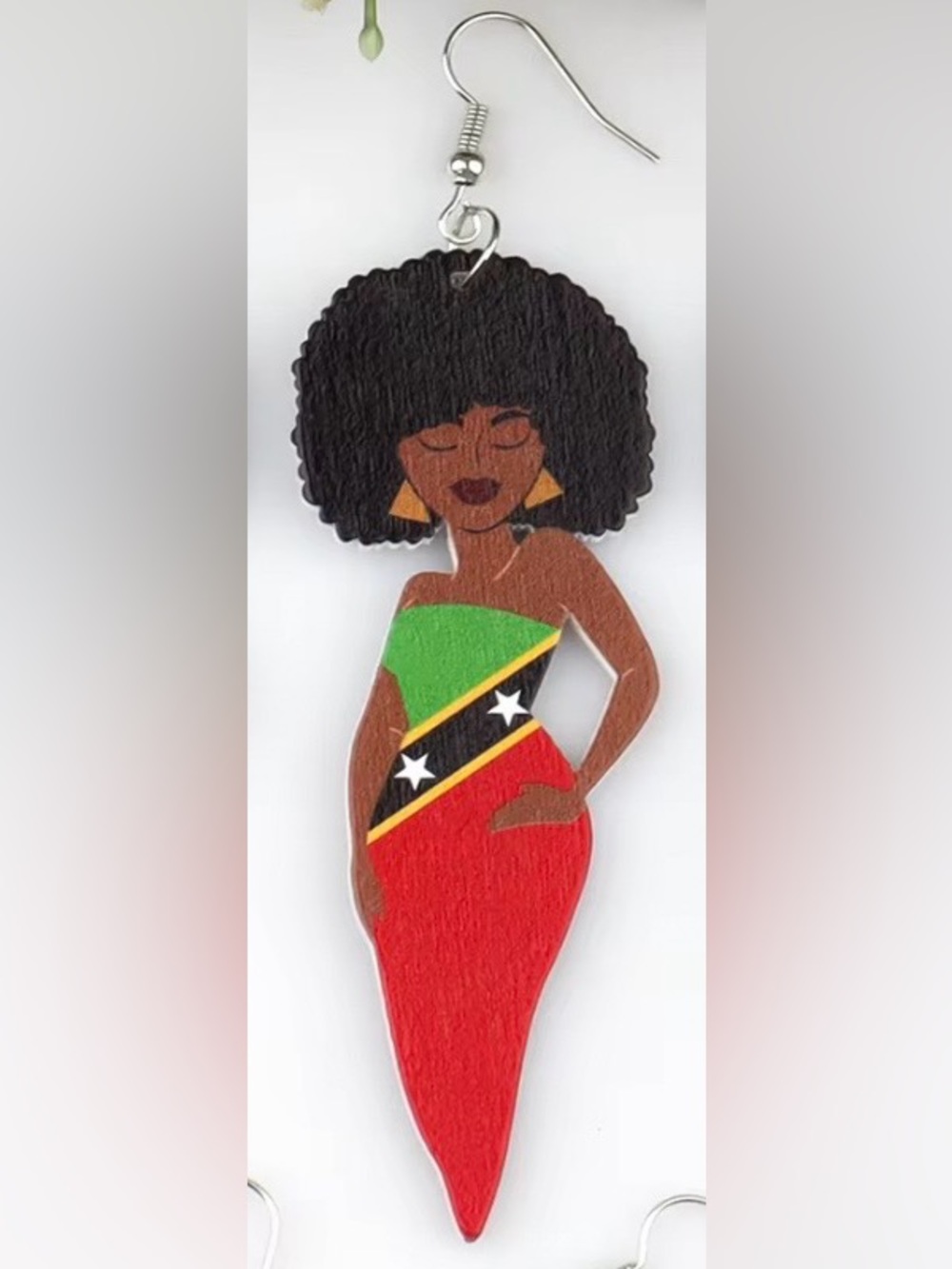St. Kitts & Nevis Flag Afro Wooden Dangle Earrings Caribbean Statement Earrings